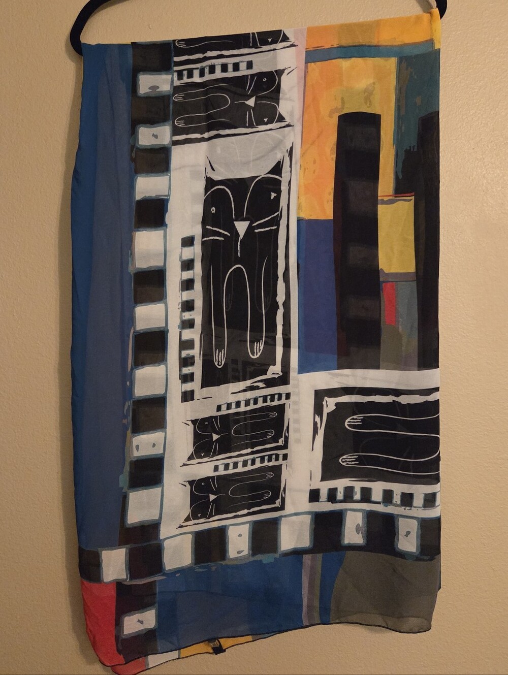 VOLT DESIGN "Wearable Art" Stylized Black Cats Geometric Block Silk Scarf 55×37"
